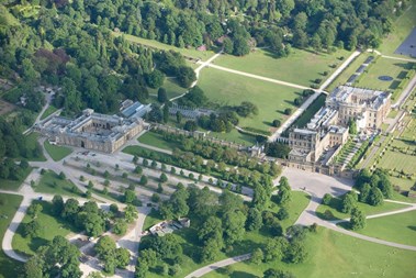 Aerial view of Chatsworth House, grounds and surrounding parkland