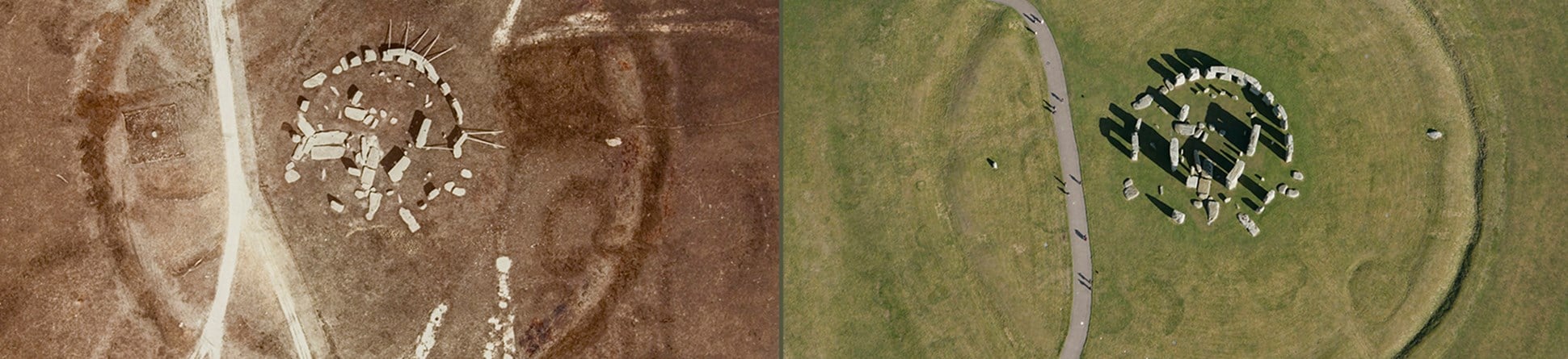 Two aerial images of Stonehenge taken in 1906 and 2006.