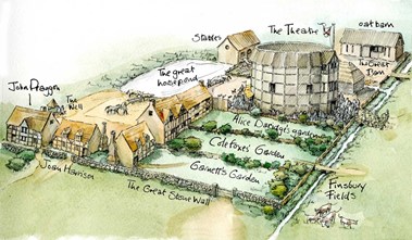 Reconstruction art showing the Elizabethan Theatre in Hackney where it is thought Hamlet was first performed.
