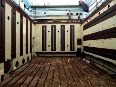 Atomic Weapons Research Establishment, Orford Ness, Suffolk, interior of one the Pagodas showing the wall steel slots on which test equipment was mounted, scheduled.