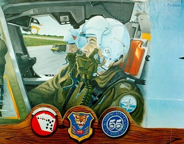 RAF Upper Heyford, Oxfordshire, painting of a pilot and navigator sat in the cockpit of an F111.