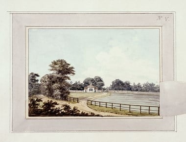 A photographic reproduction of a painting depicting a field, a house gate in Moggerhanger Park