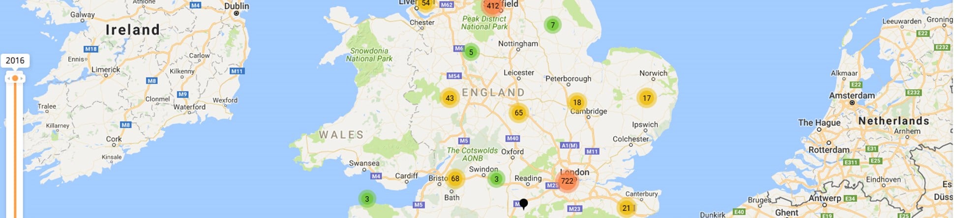 Screen grab of a History Pin map of England titled Pride of Place: England's LGBTQ Heritage.