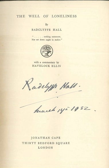 Cover page of The Well of Loneliness, signed by Radclyffe Hall