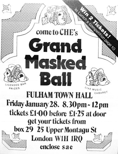 Flyer for Campaign for Homosexual Equality (CHE) Grand Masked Ball at Fulham Town Hall