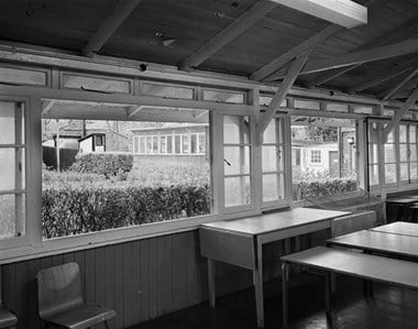 Interior, large classroom (art room), south side showing how the windows open, view from north east, Aspen House Open Air School, London SW.