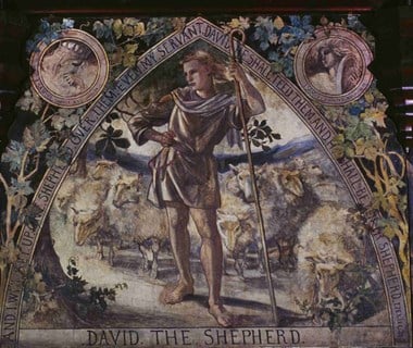 One of the internal murals by Louisa Waterford showing David the Shepherd with sheep, Waterford Hall