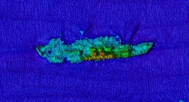Three dimensional image of the wreck produced by multibeam swath bathymetry