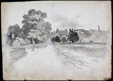 Line-drawn archive illustration showing a lane leading into a rural village, with a carved white horse and an obelisk on the hills beyond.