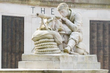 Upgraded to Grade II*. Detail of Portsmouth City War Memorial, Guildhall Square, Portsmouth, Hampshire © Historic England/Jerry Young