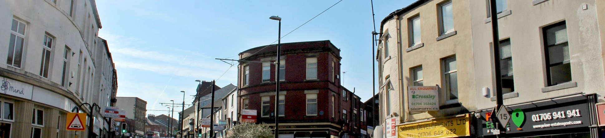 General view looking up Drake Street, Rochdale on a sunny day in 2018.