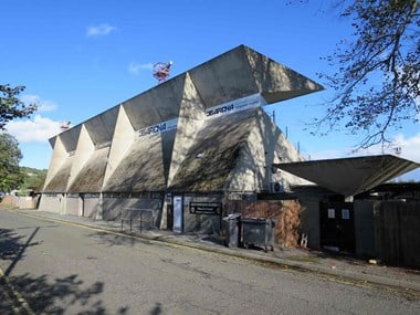 Rear view of the concrete structure of a football stadium stand