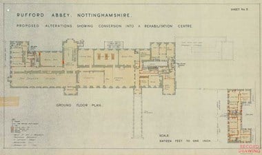 Labelled colour survey plan of the ground floor of Rufford Abbey, showing proposals for its conversion into a rehabilitation centre, with a key.