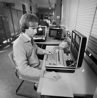 A blind computer operator at Ashdown House, Hastings, 1981. 