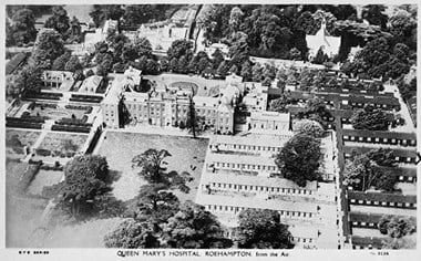 Queen Mary's Hospital, Roehampton. An aerial view of the hospital famous for rehabilitating those who had lost limbs during the World Wars. 