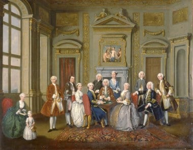 Painting of a group of people standing and sitting in a large drawing room