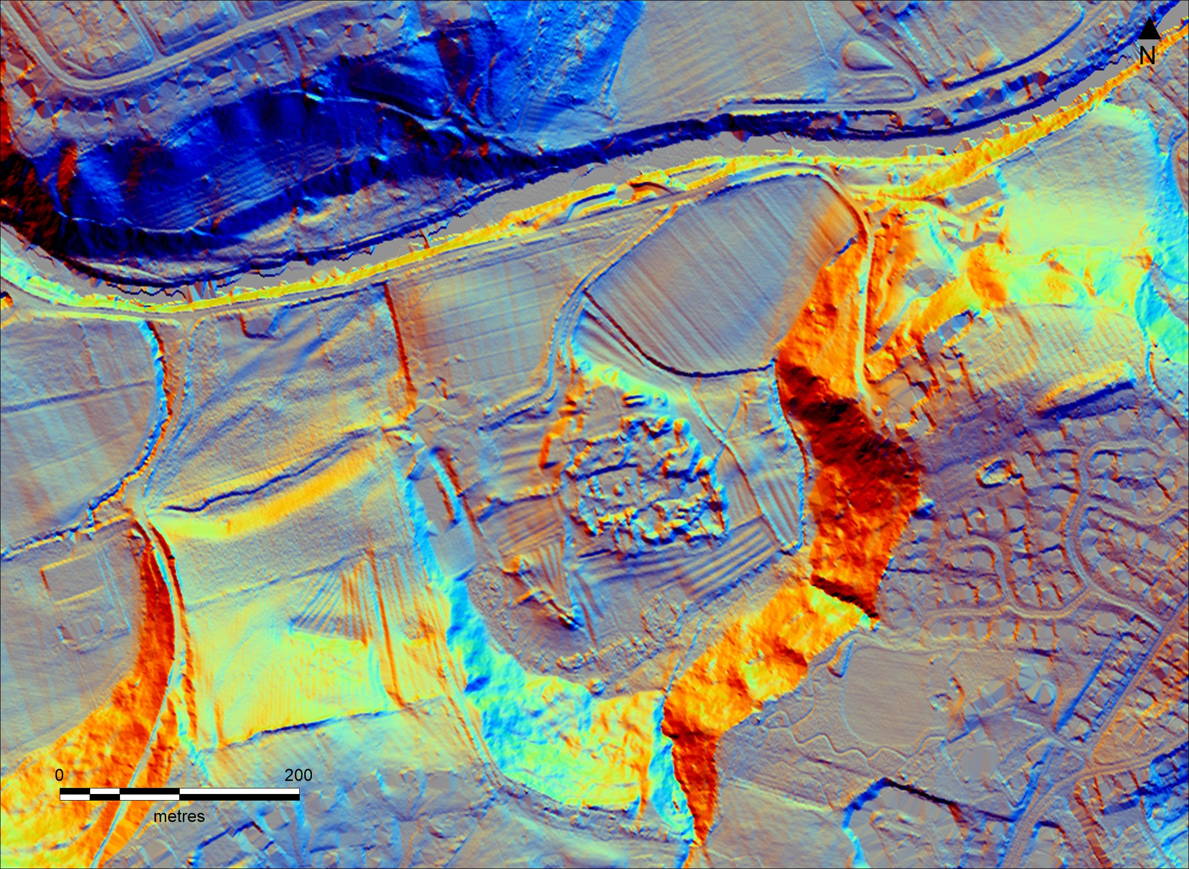 A representation of  the earthworks at Newminster Abbey with the river to the north. 