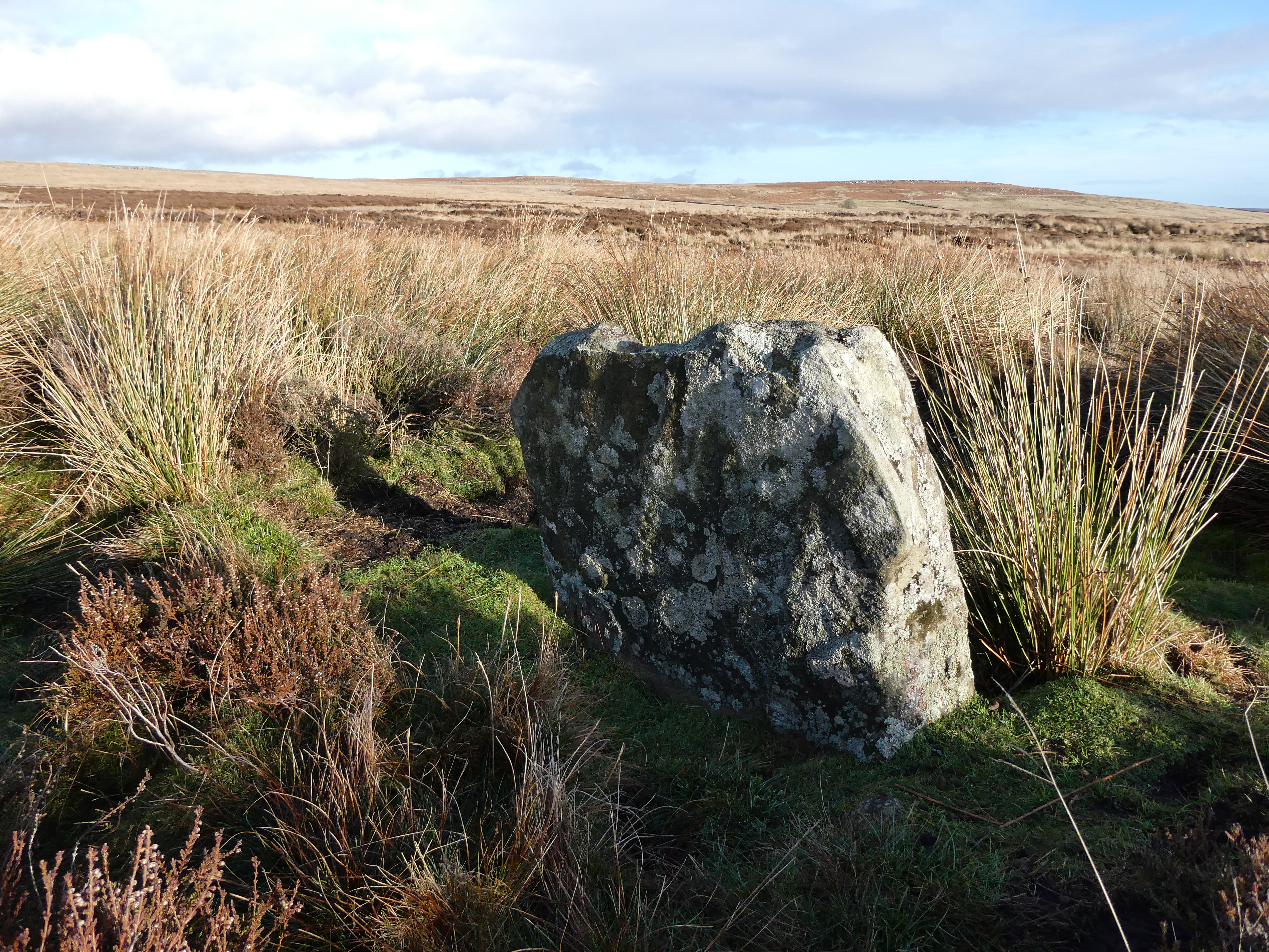 Largest standing stone in small stone circle on Mossy Moor, Hebden.