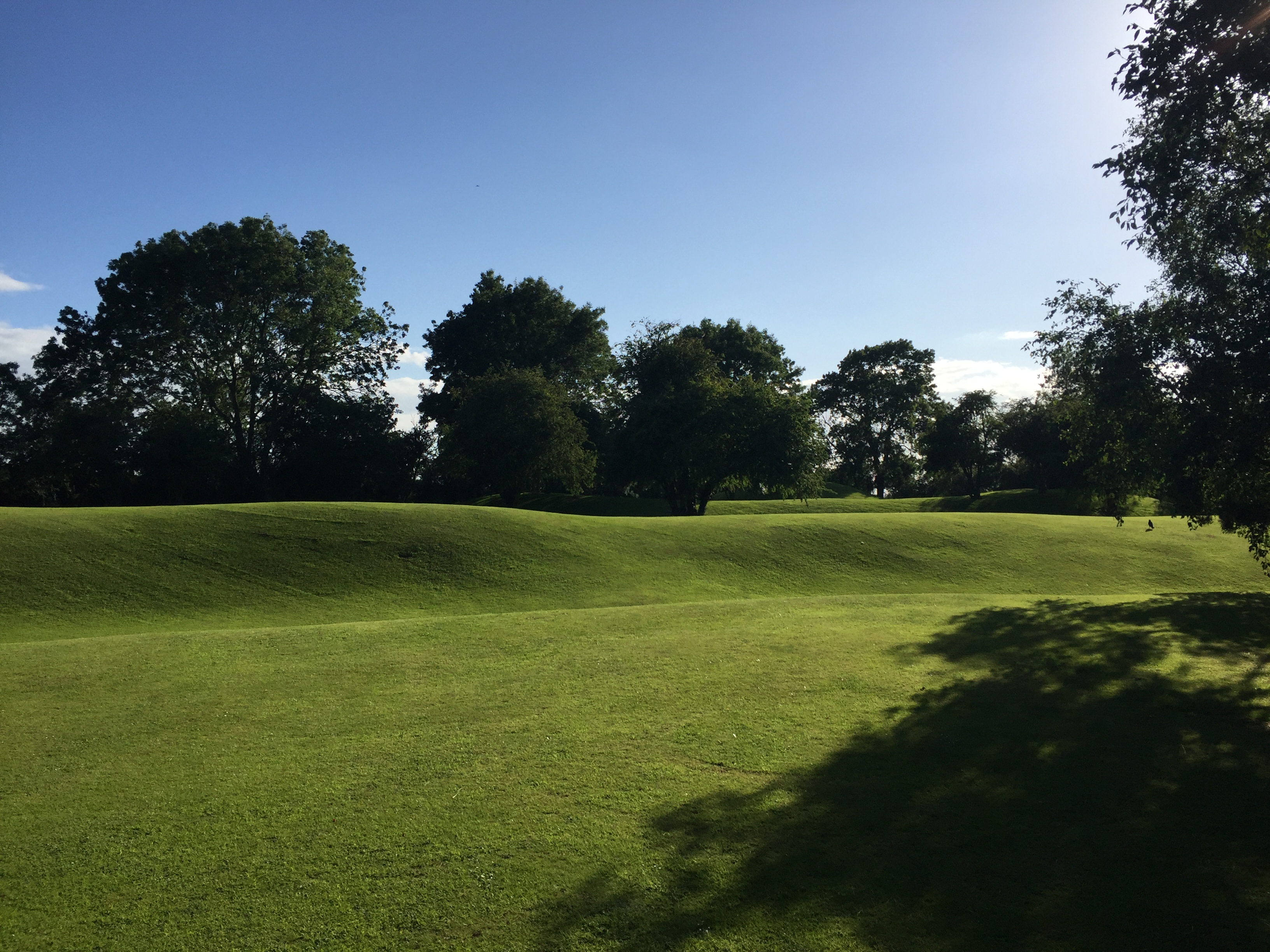 View to south of lower level of earthworks and motte in the foreground.
