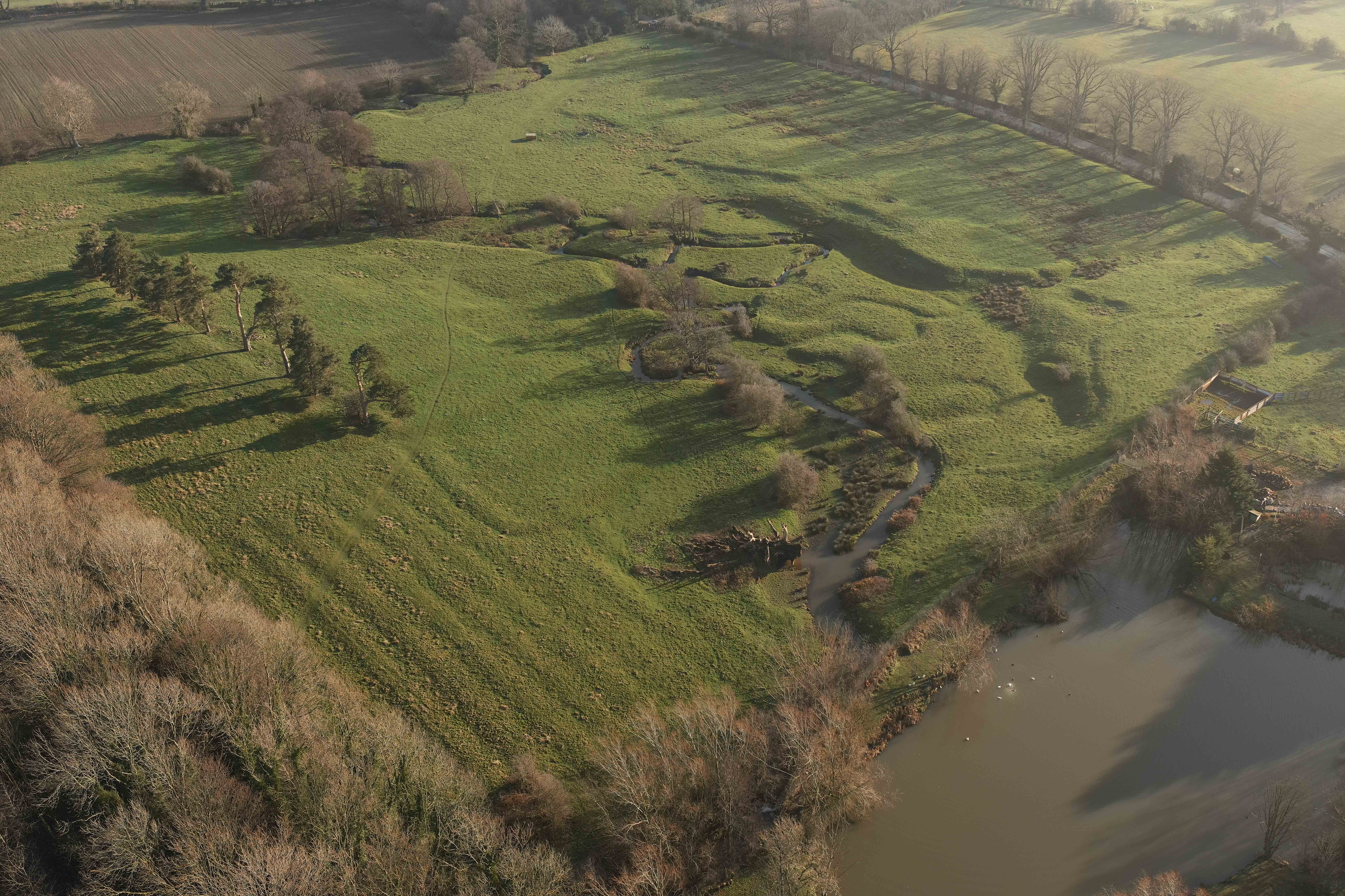 Aerial view of a field of earthworks including ploughed ridges, house platforms and yards alongside a stream. 