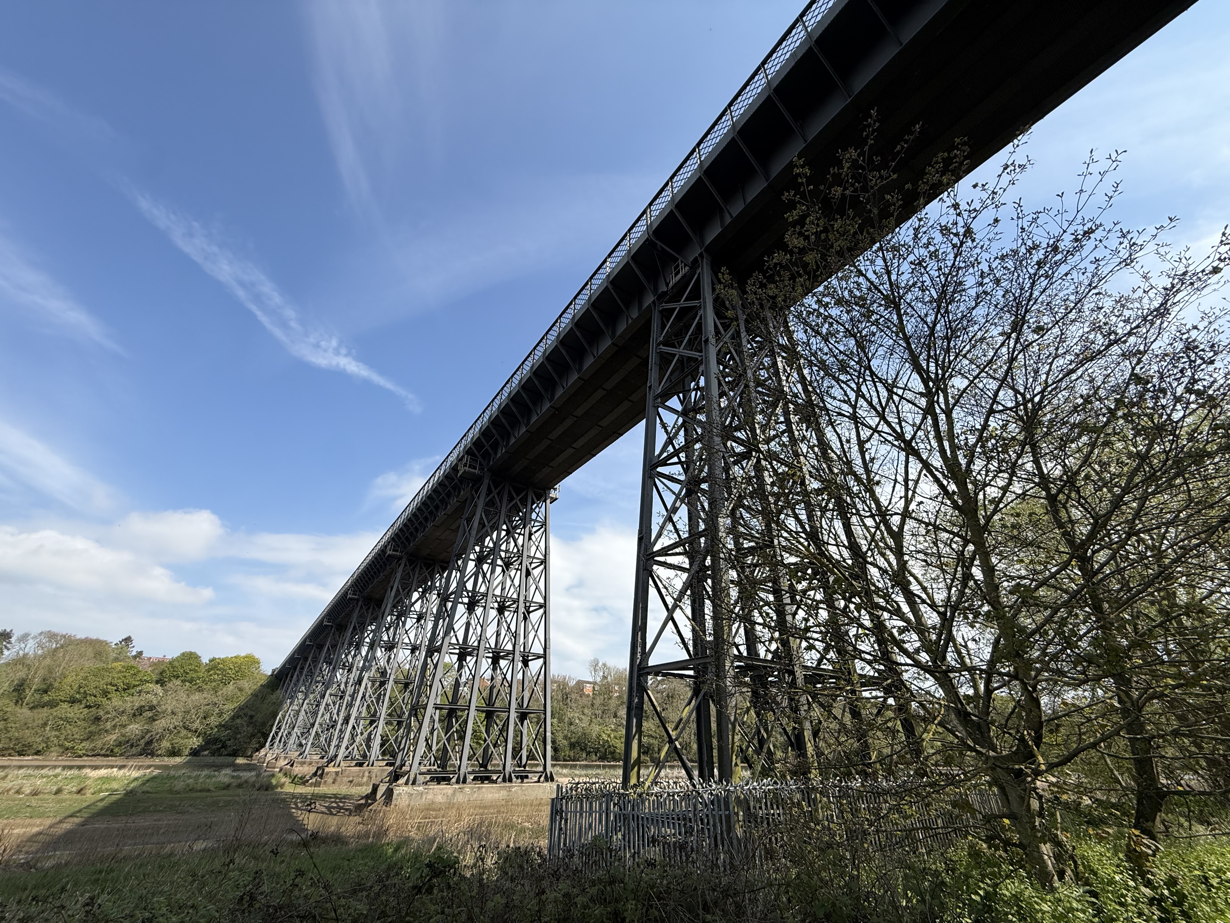 A dramatic view of the bridge taken from directly underneath the Viaduct from the southern path, looking upwards