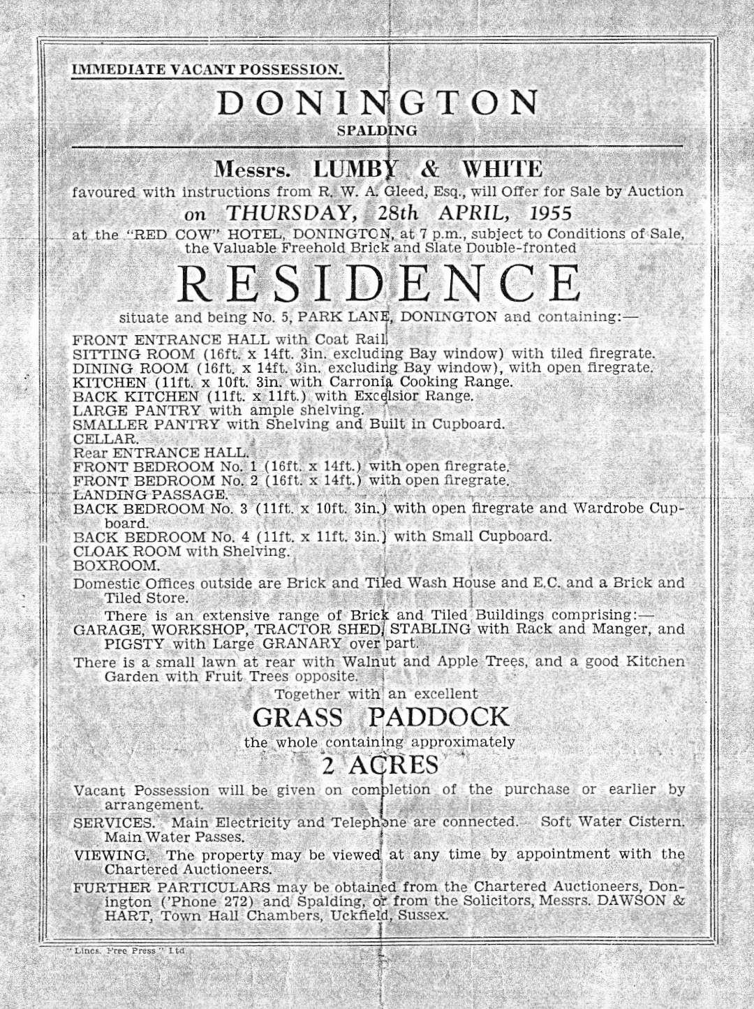 The notice of the auction of 5 Park Lane in 1955 by Lumby & White which was bought by my parents for £1300.