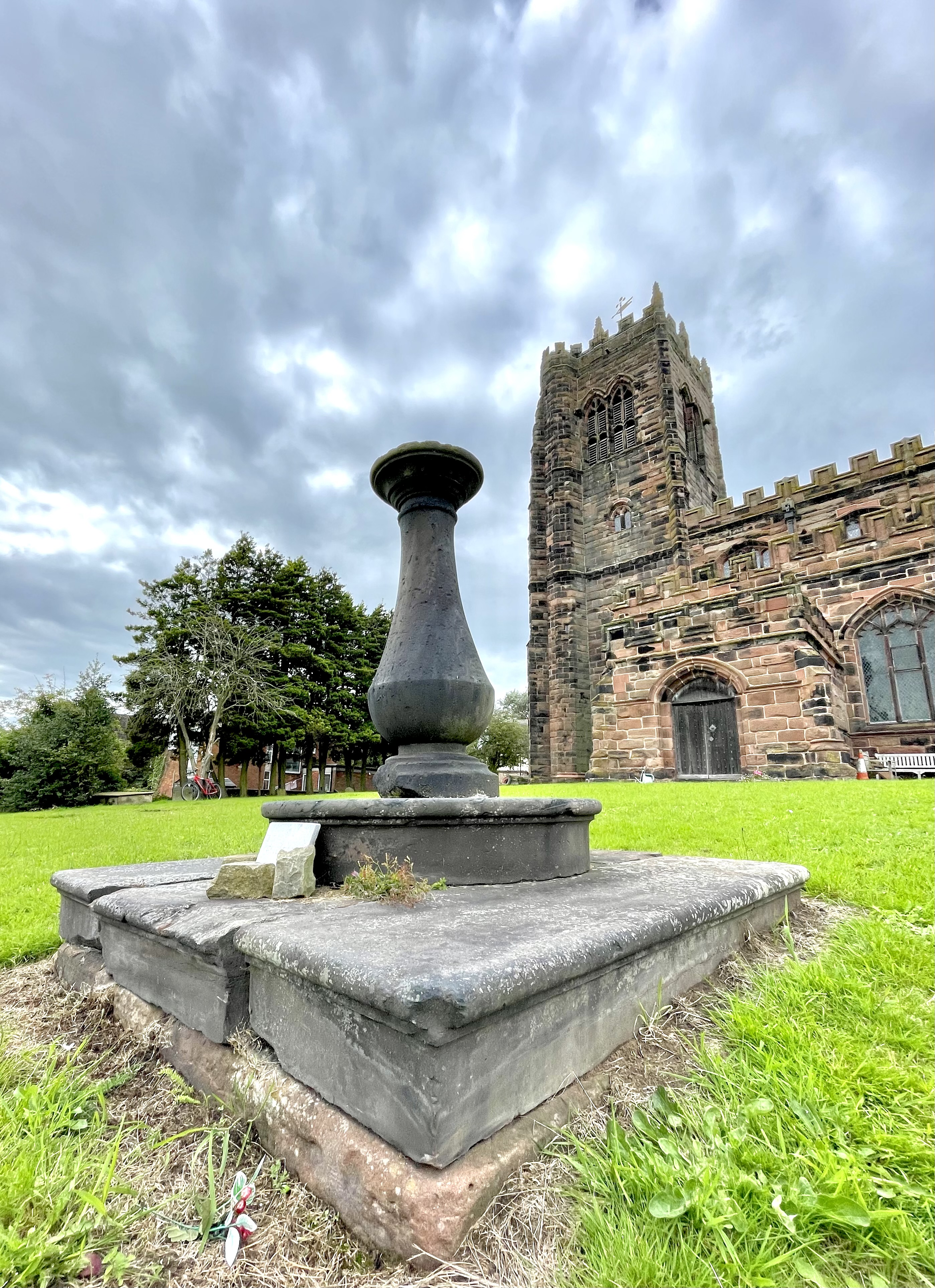 Low-level view from south east with church tower.