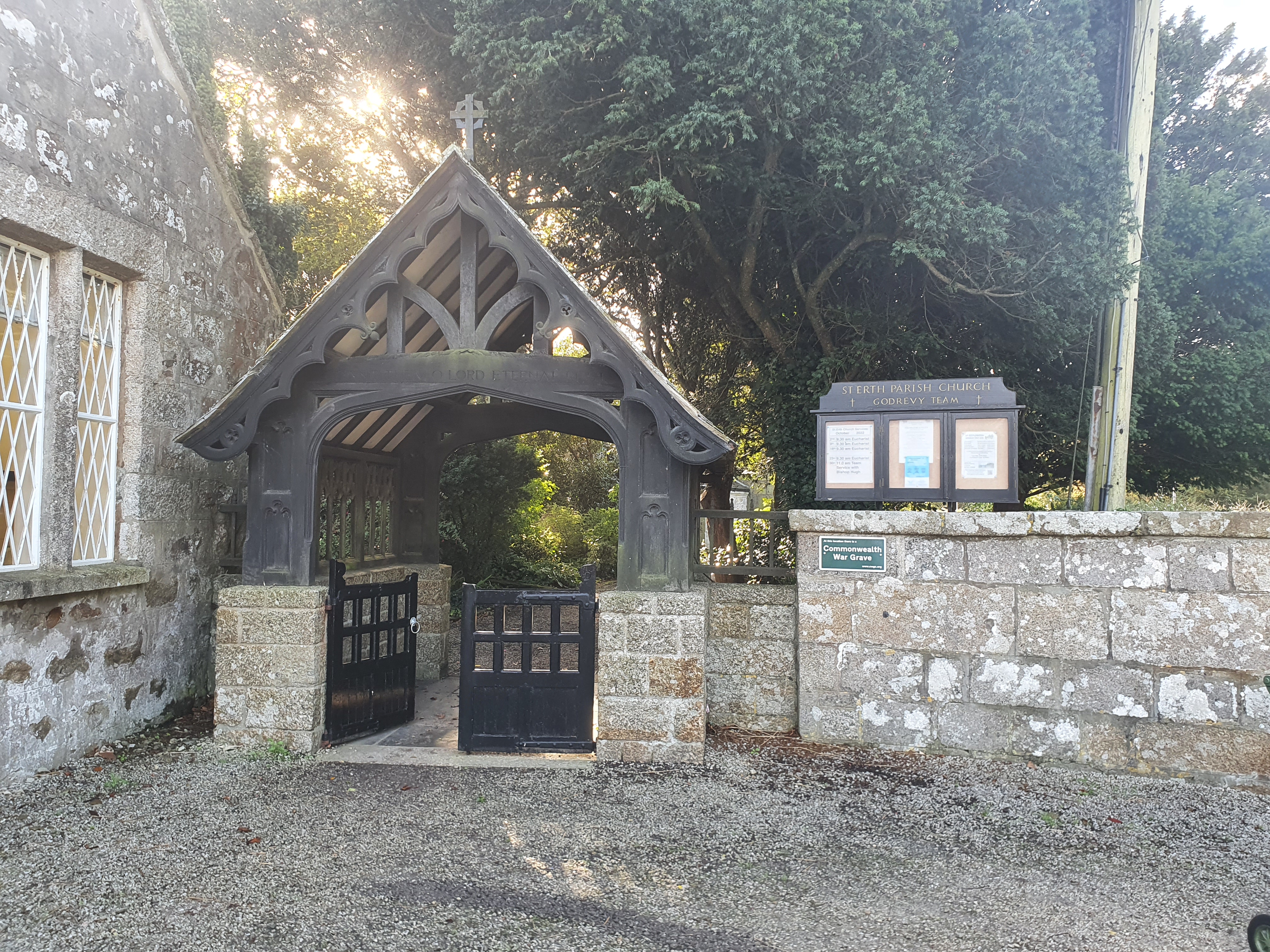 View of the front of the Lych Gate from the outside car park.