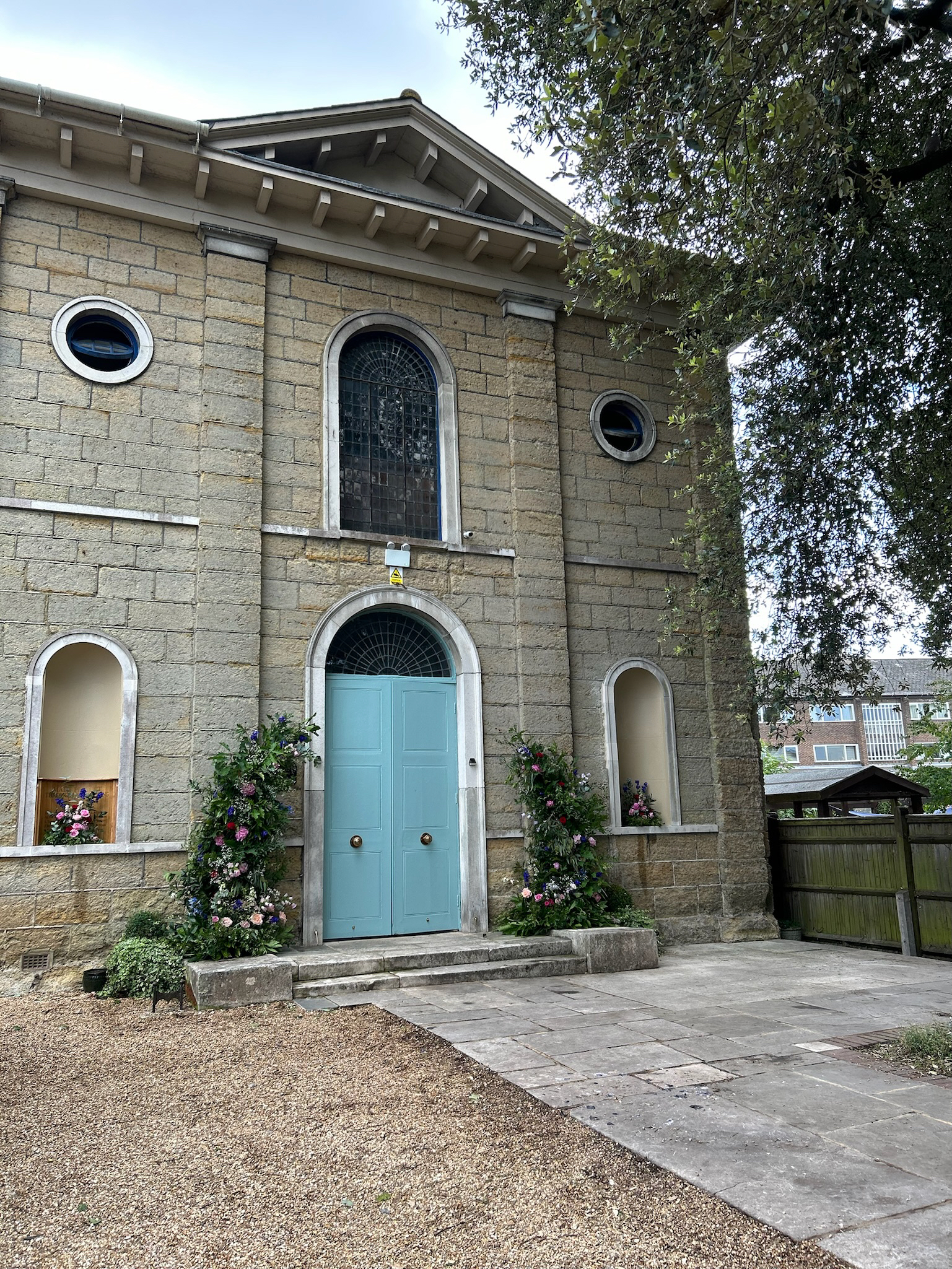 The front of the Centre decked out with flowers for a wedding reception. 