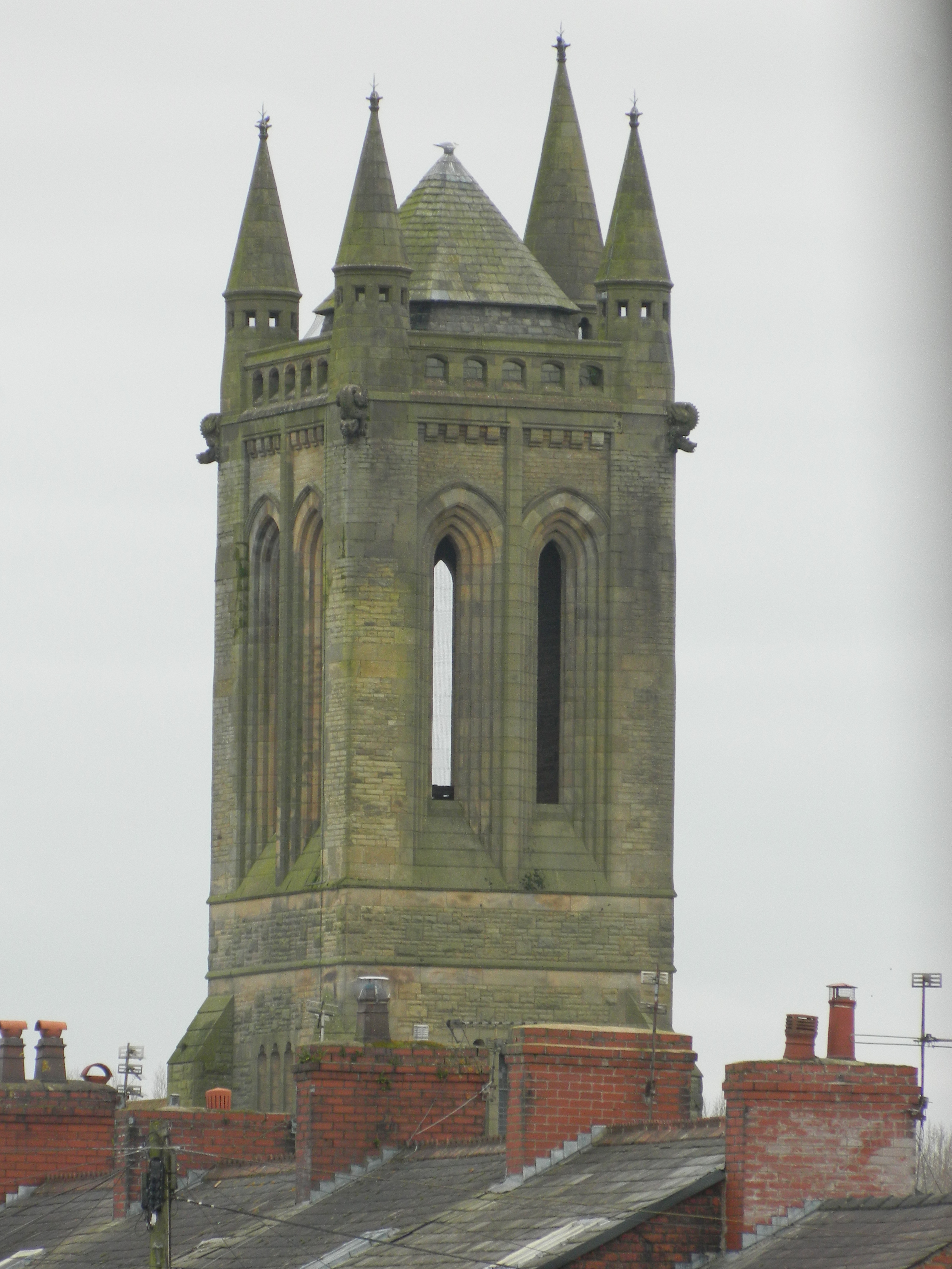 A view of the west tower of St Ambrose Church in Leyland from Preston Road, looking towards Moss Lane.