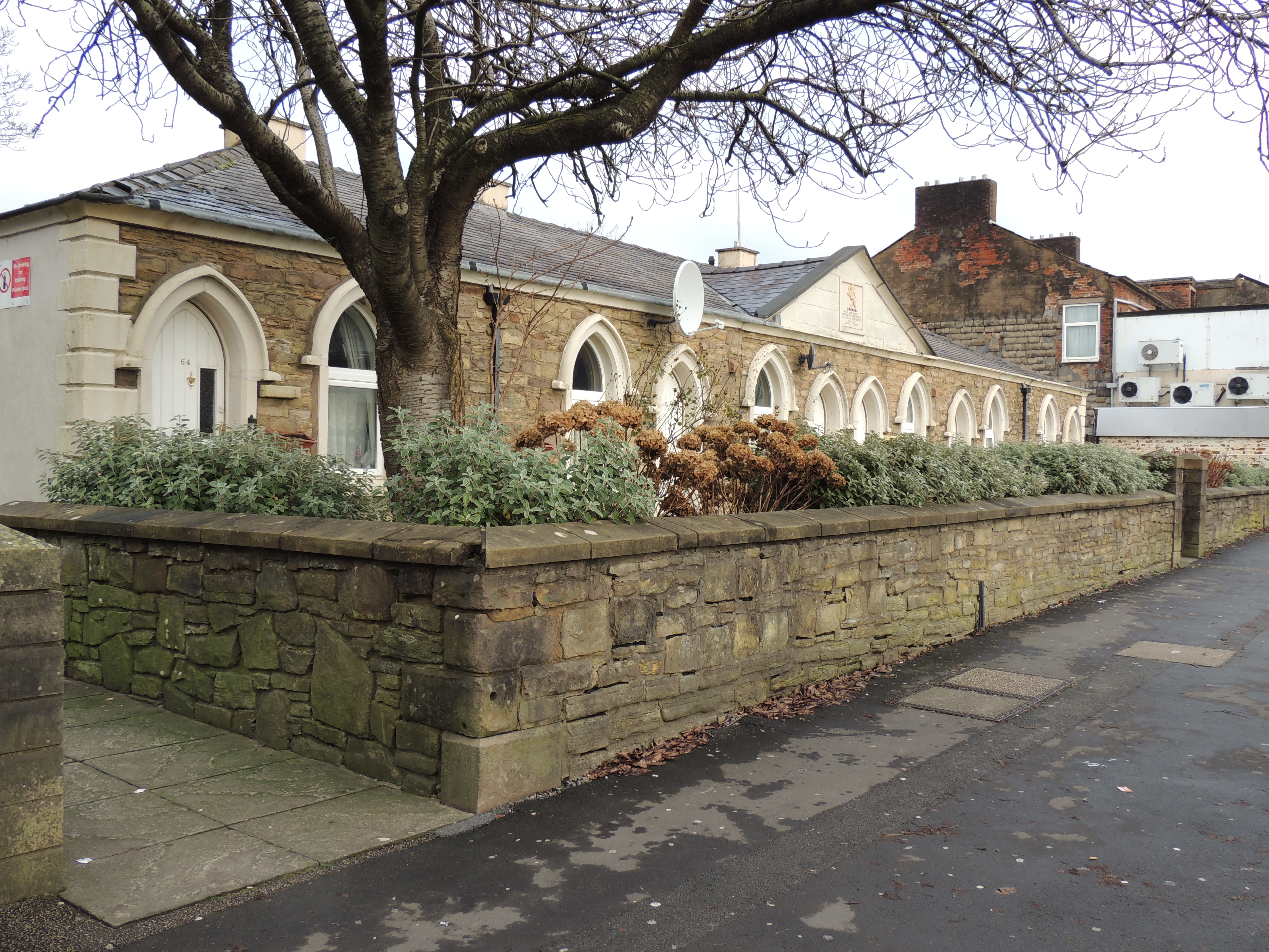 Turner's Almshouses, and front garden walls, numbers 58 to 68, Bank Top.