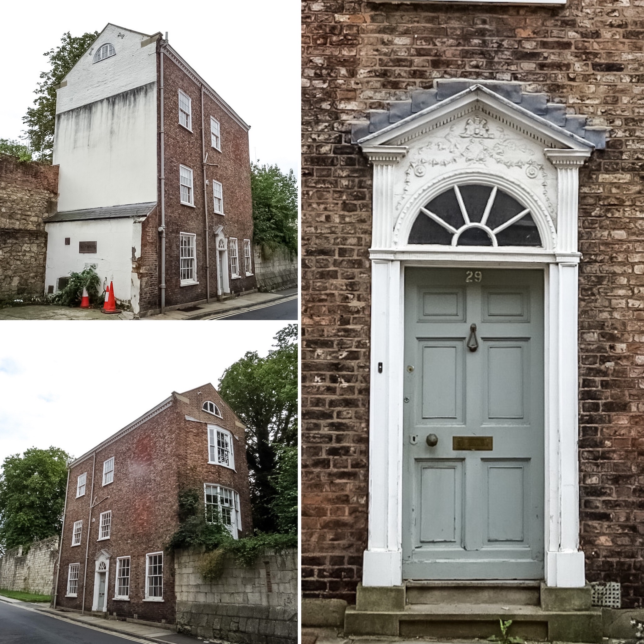 Two views of a three storey brick townhouse set into the medieval walls of York. A third view is of the front door. 