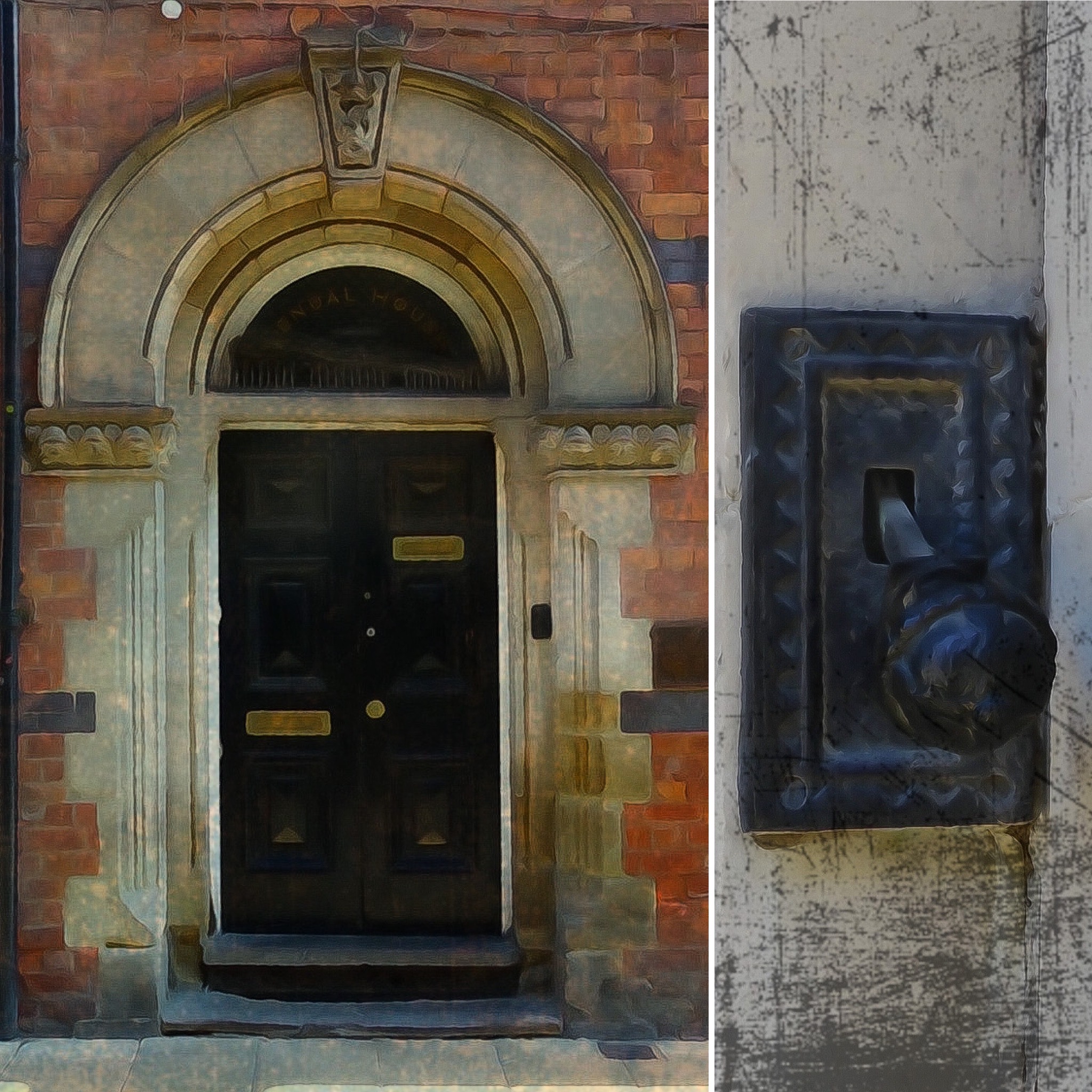 Black door within stone arched frame of a red brick building. Inset image of a possible door bell pulley. 