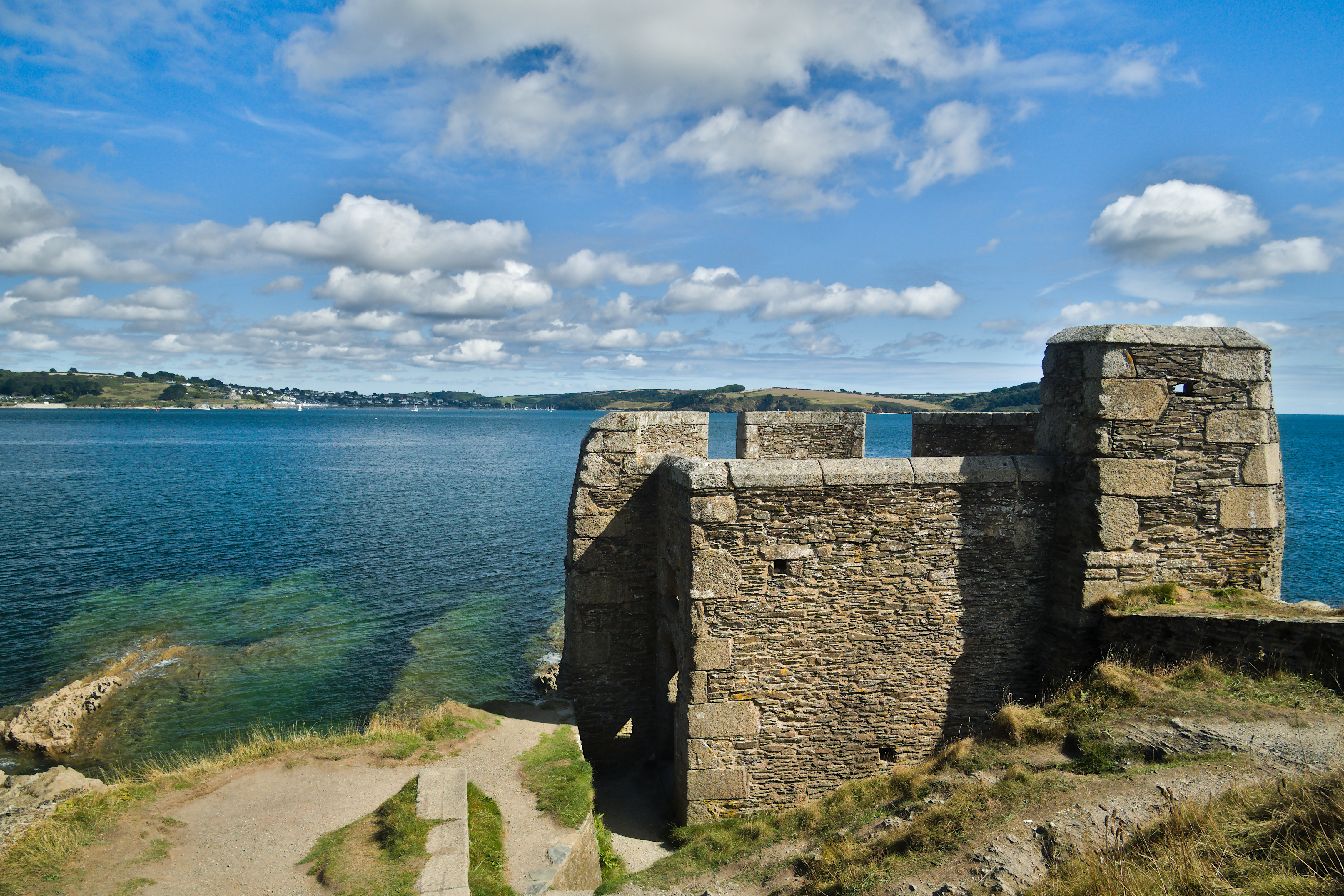 View with blockhouse on the right, and river estuary on the left.
