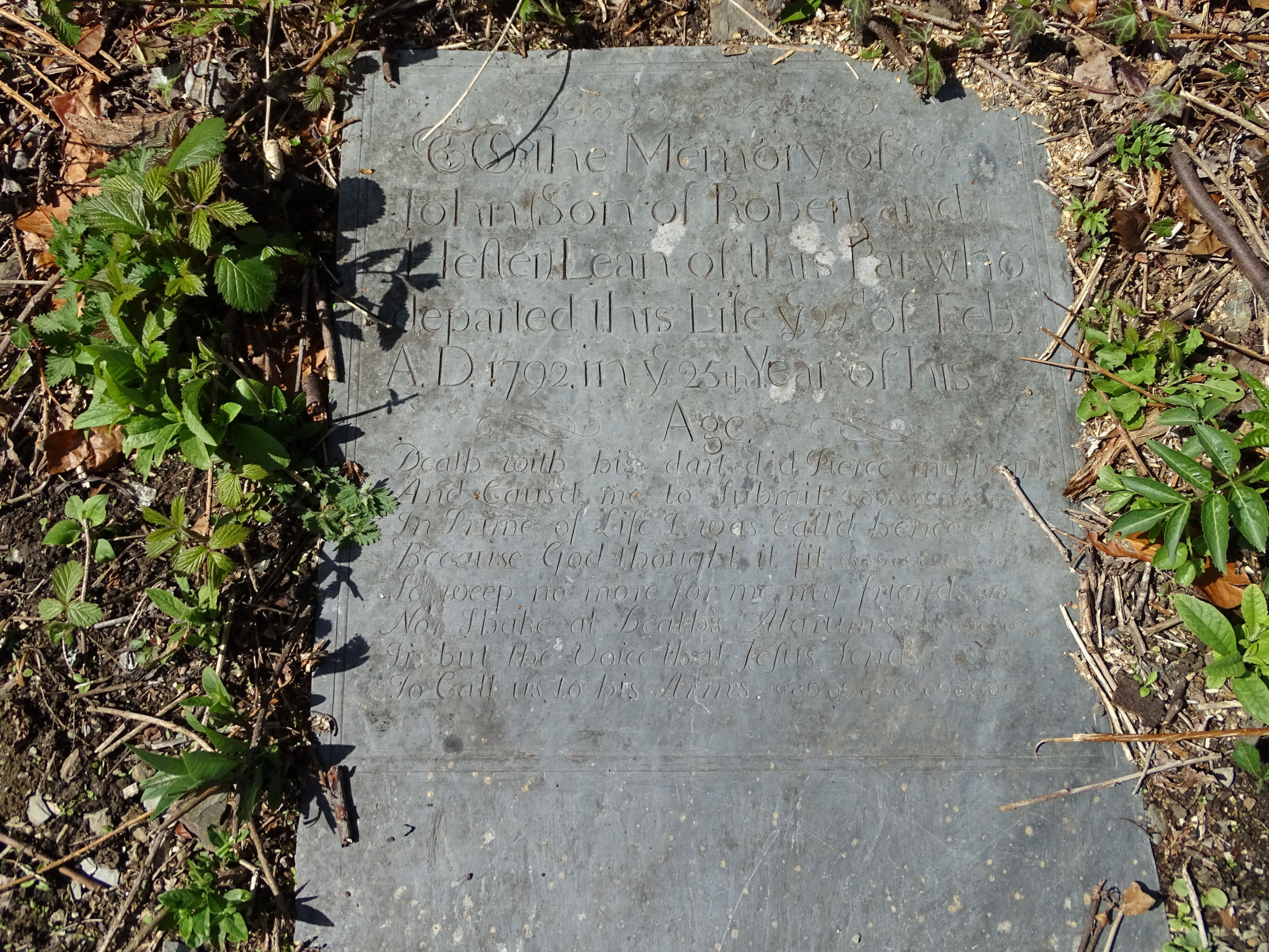 Headstone of John Lean, son of Hester & Robert Lean, Blisland, Cornwall