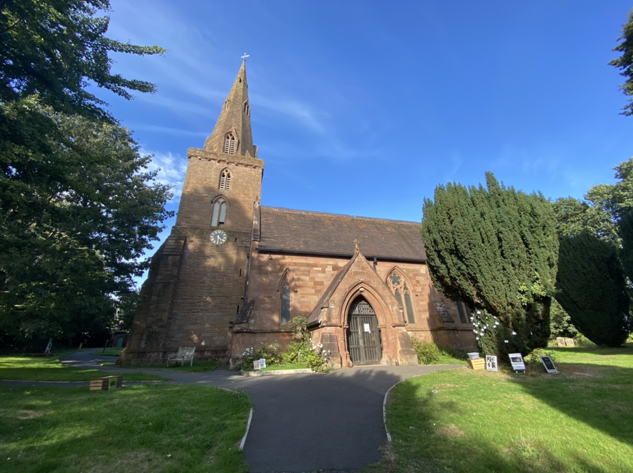 Front of the church and trees