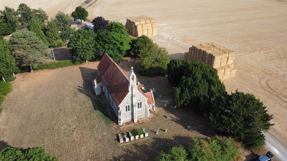 Aerial shot of Sotherton church - Sept 2022