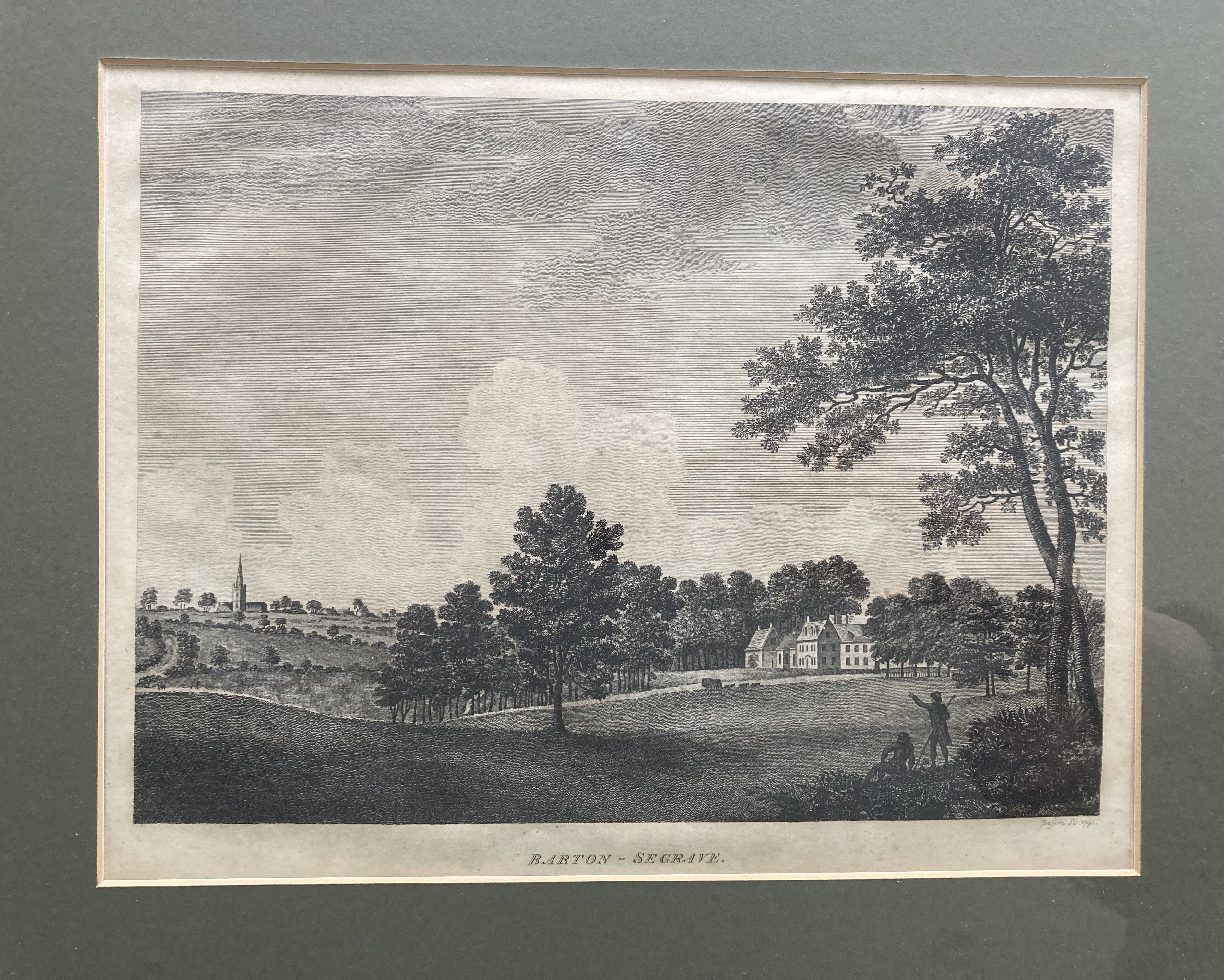 Antique etching from 1791 showing a view across parkland to the facade of Barton Seagrave Hall and a church beyond