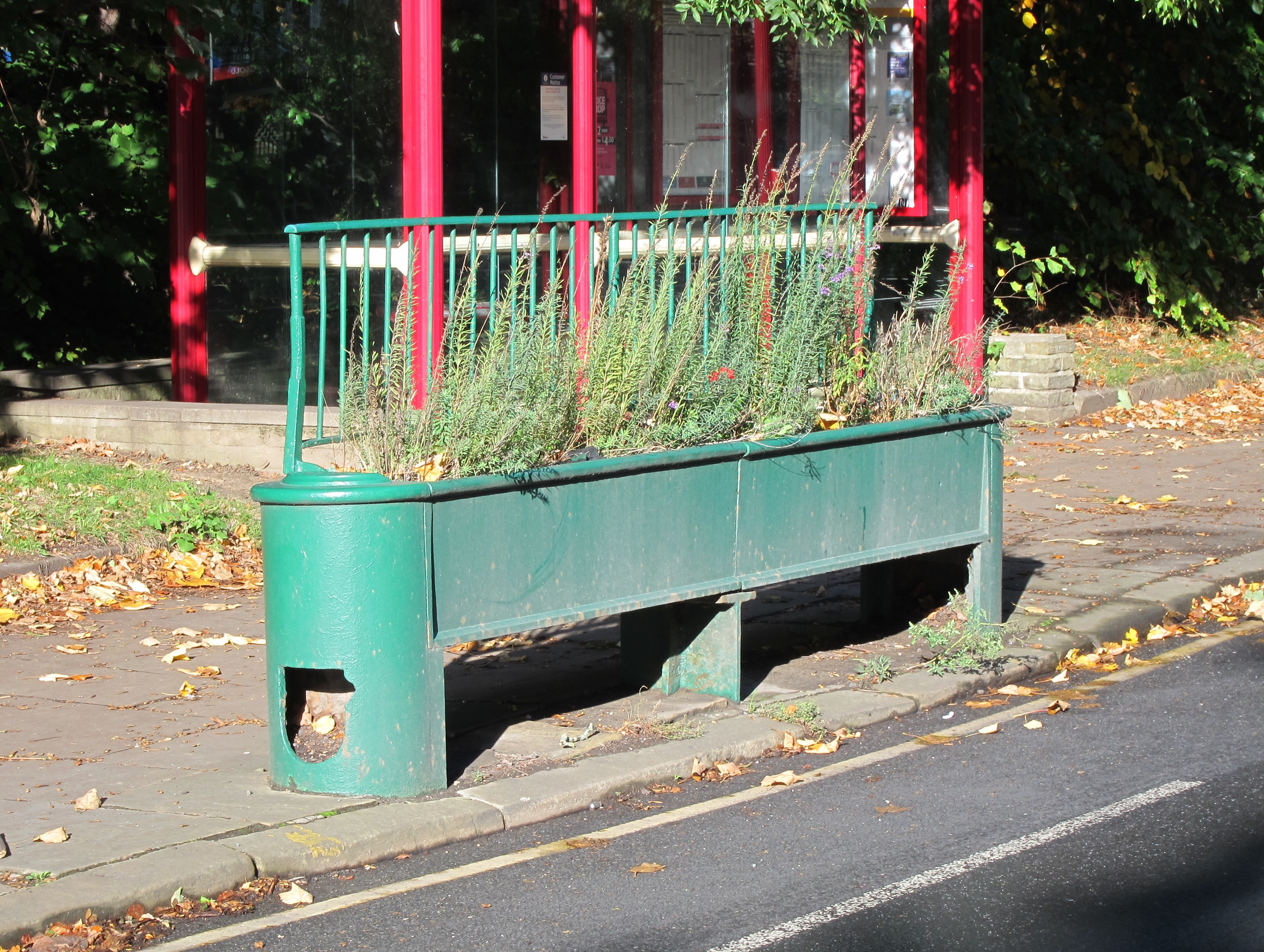 Green raised flower bed, originally a cast iron trough for watering horses.  Behind is a red bus shelter.