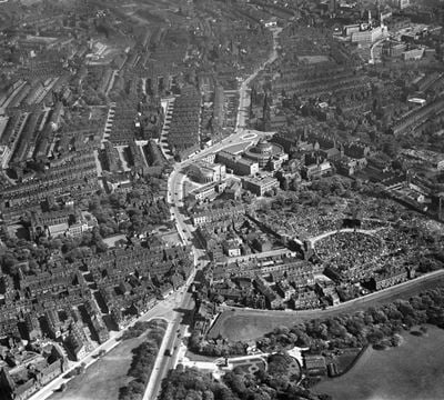 The Woodhouse Cemetery and the University of Leeds buildings including the Brotherton Library, Woodhouse, 1938