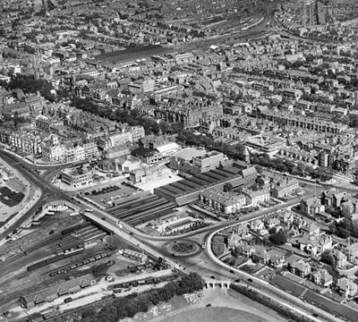 Lord Street Railway Station and the town, Southport, 1938