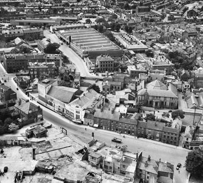 The Norwich Union offices and the Eastern Counties bus depot, Norwich, 1946