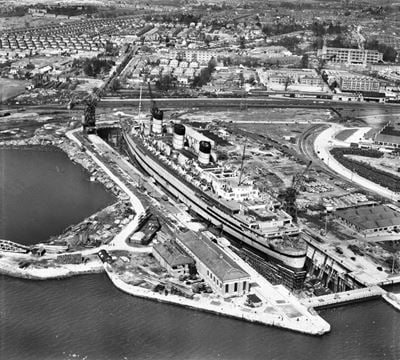 Queen Mary in dry dock, Southampton, 1947