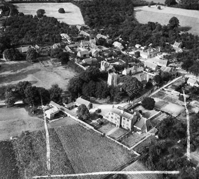 Ebrington Manor and the village, Ebrington, 1947. This image was marked by Aerofilms Ltd for photo editing.
