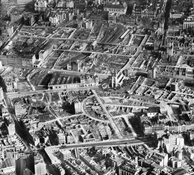 Cleared sites around Moorgate Street Station and Jewin Crescent following bomb damage, London, 1947