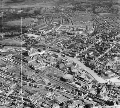 The St Peter's Street Gas Works and environs, Maidstone, from the south-west, 1949. This image was marked by Aerofilms Ltd for photo editing.