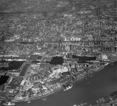 The London Docks and Shadwell district, Wapping, from the south, 1949