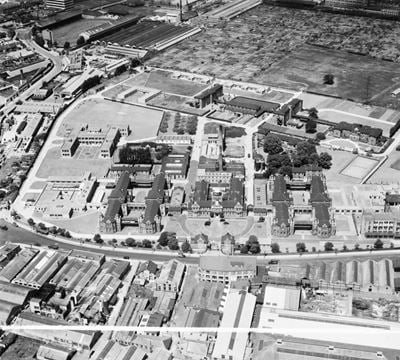 The Central Middlesex Hospital on Acton Lane, Lower Place, 1949. This image was marked by Aerofilms Ltd for photo editing.