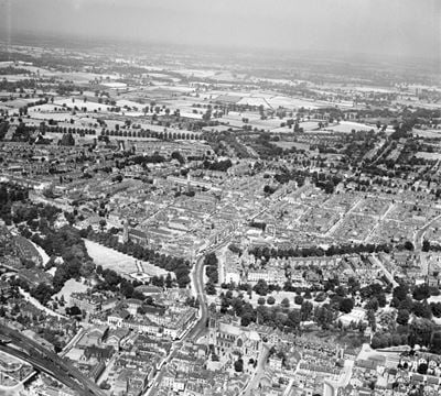 The Pump Room Gardens, All Saints' Church and the town centre, Royal Leamington Spa, from the south-east, 1949