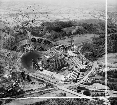The Thomas Bolton and Sons Brass and Copper Works, Froghall, from the east, 1949. This image has been produced from a damaged negative.